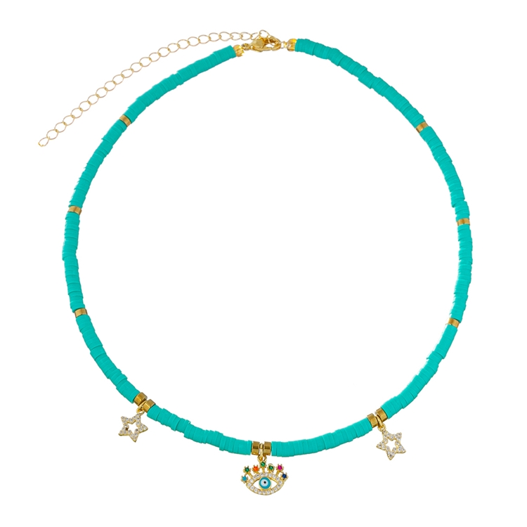 Colar Beads Pingentes Olho e Estrelas Turquesa