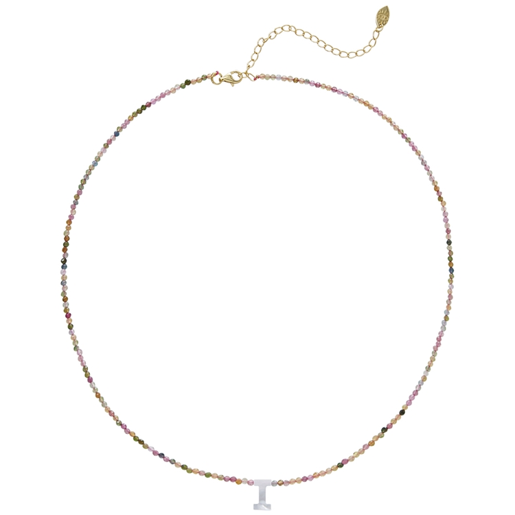 Colar Letras Madre Pérola e Turmalina Melancia