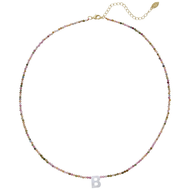 Colar Letras Madre Pérola e Turmalina Melancia