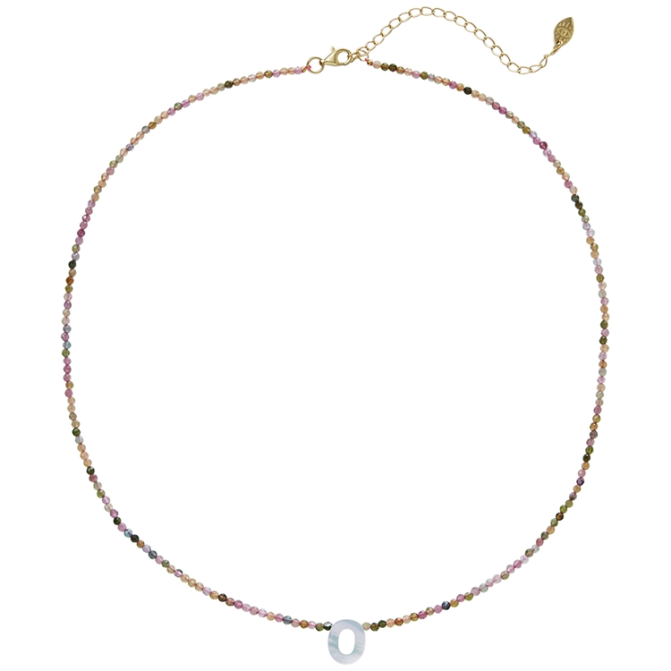 Colar Letras Madre Pérola e Turmalina Melancia