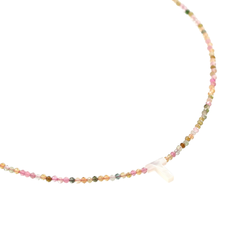 Colar Letras Madre Pérola e Turmalina Melancia