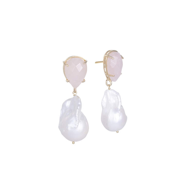 Brinco Pérola Barroca e Quartzo Gota Rosa