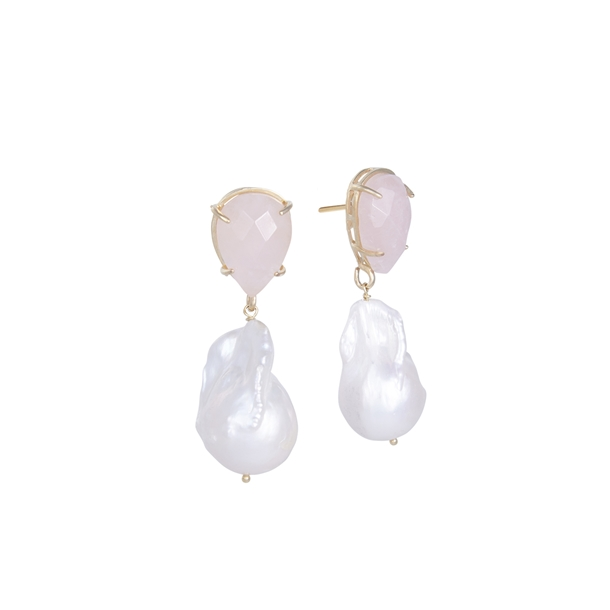 Brinco Pérola Barroca e Quartzo Gota Rosa