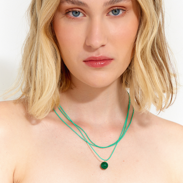 Colar Três Voltas Bola Malaquita