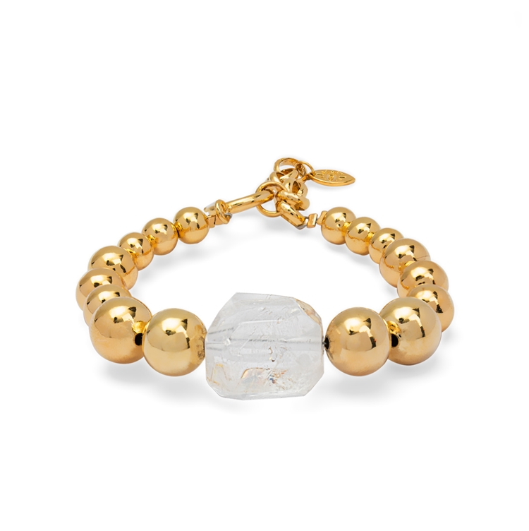 Pulseira Bolas e Pedras Bruta Quartzo Cristal