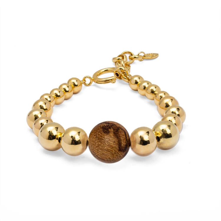 Pulseira Bolas e Pedra Bruta Madeira