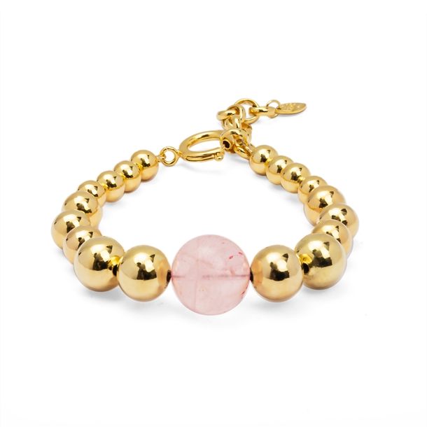 Pulseira Bolas e Pedras Brutas Quartzo Rosa