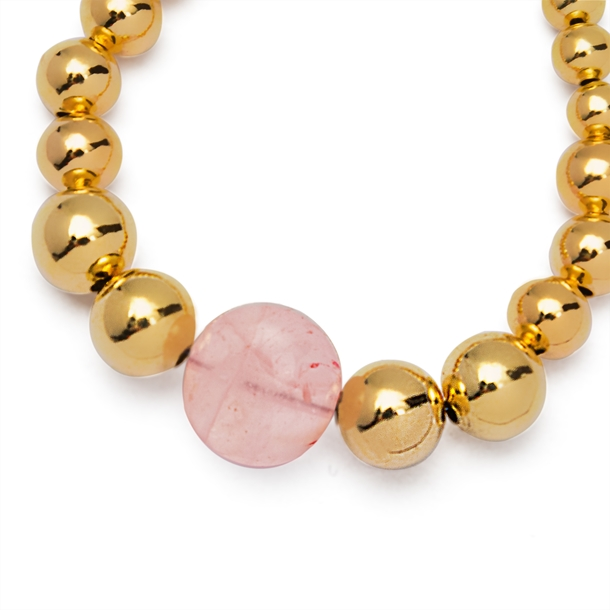 Pulseira Bolas e Pedras Brutas Quartzo Rosa