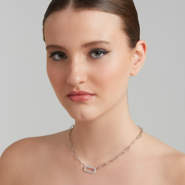 Colar Corrente Cravejada Pingente Quadrado