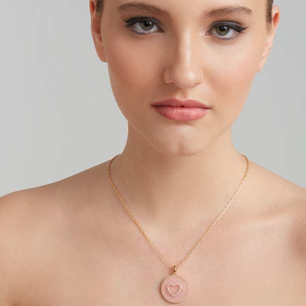 Colar Medalha Coração Quartzo Rosa