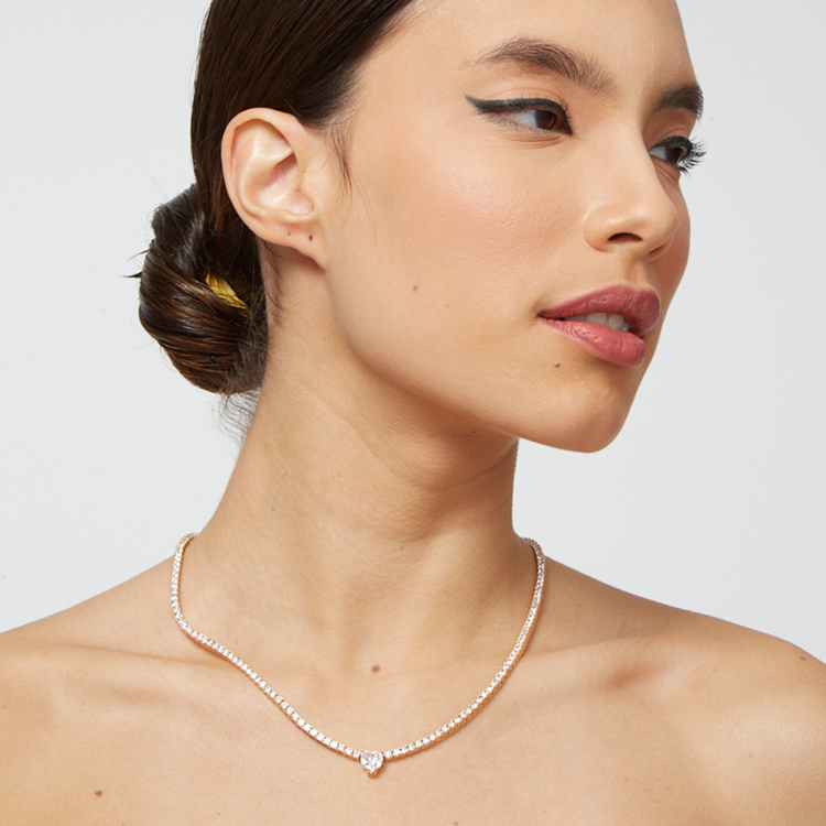 Colar Riviera Coração Pingente Cravejada de Zircônias  Cristal 45cm