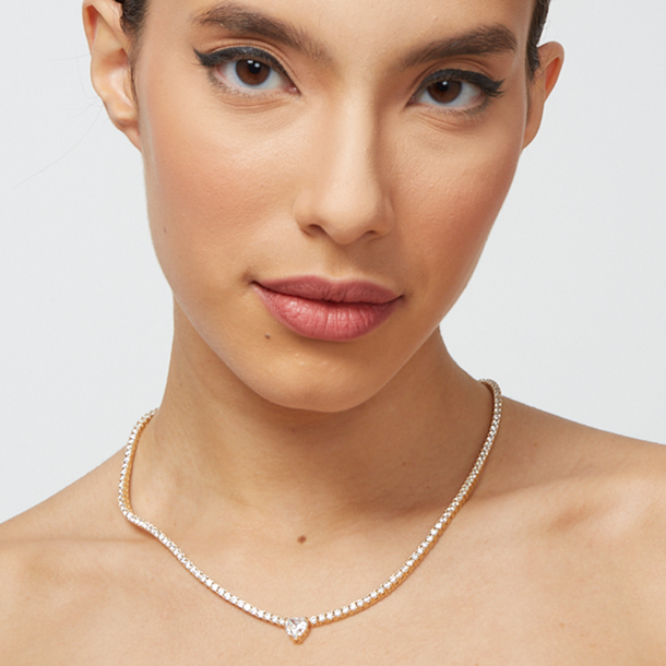 Colar Riviera Coração Pingente Cravejada de Zircônias  Cristal 45cm