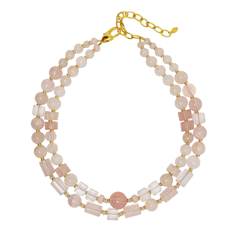 Colar Pedra Natural Duplo Quartzo Rosa