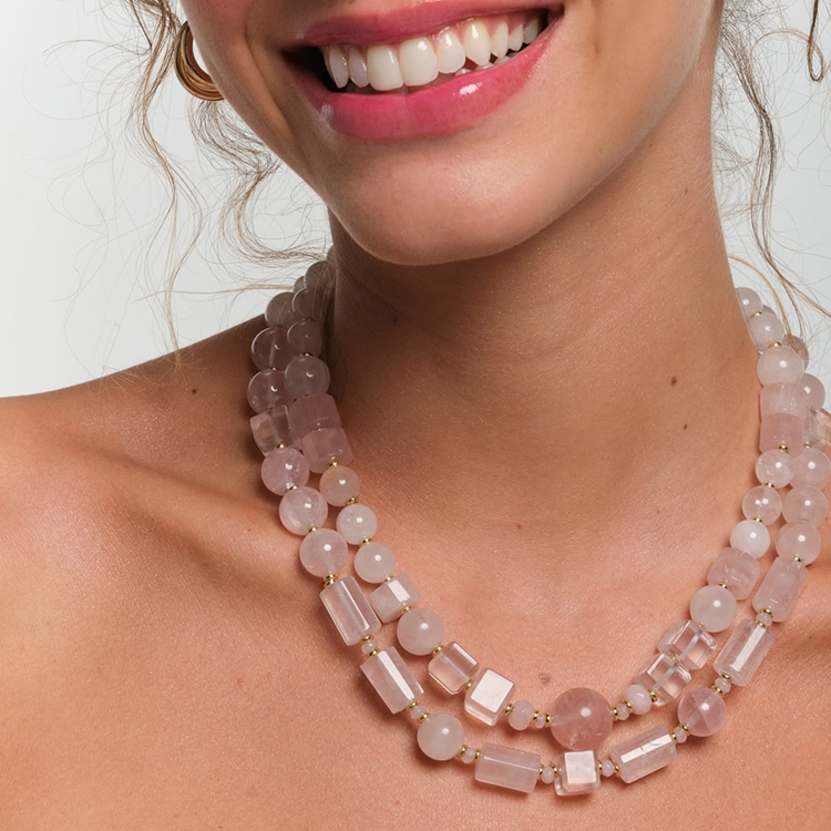 Colar Pedra Natural Duplo Quartzo Rosa