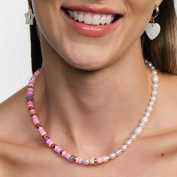 Colar Fun Pérolas e Beads Rainbow 40cm