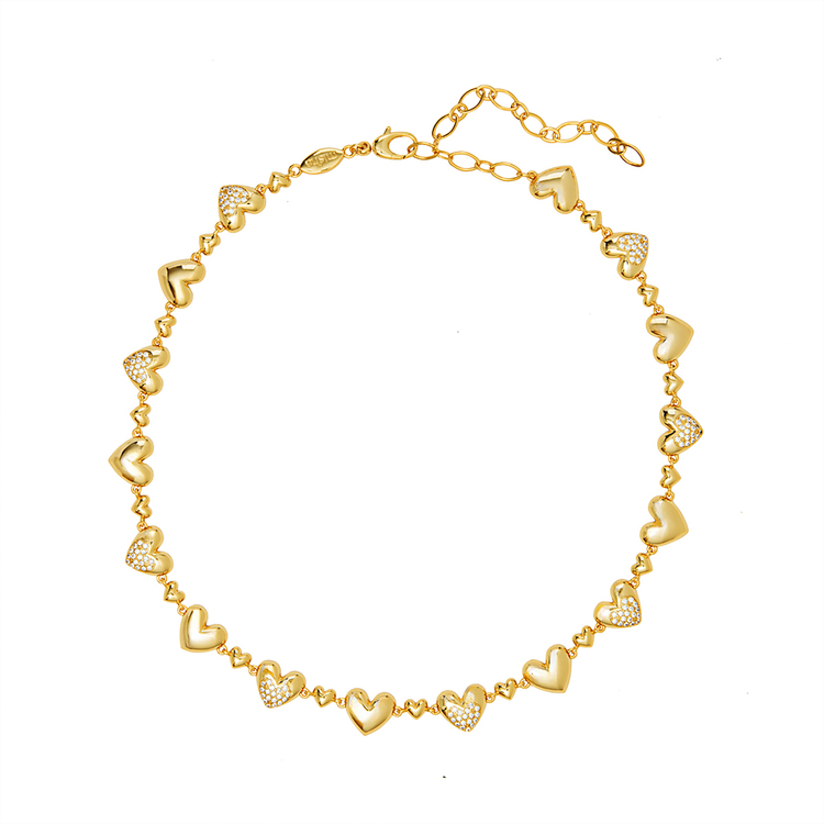 Colar Corações Cravejado de Zircônias Ouro 18k
