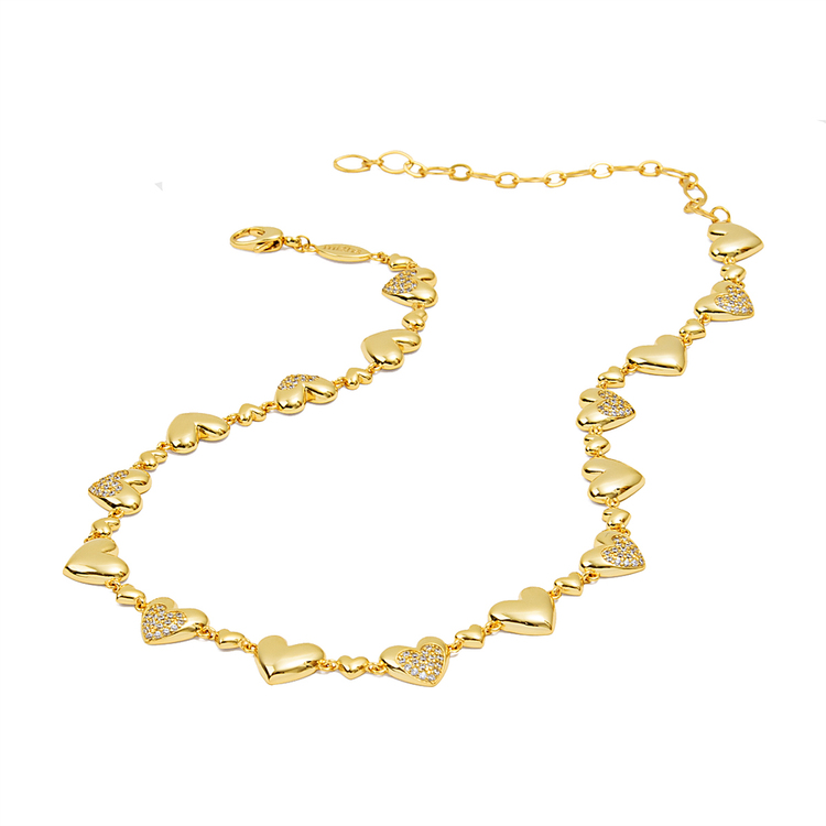 Colar Corações Cravejado de Zircônias Ouro 18k