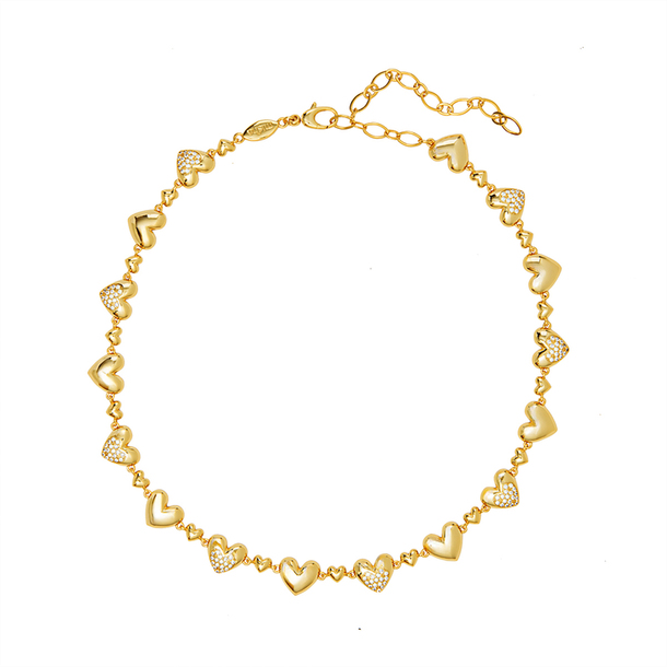 Colar Corações Cravejado de Zircônias Ouro 18k