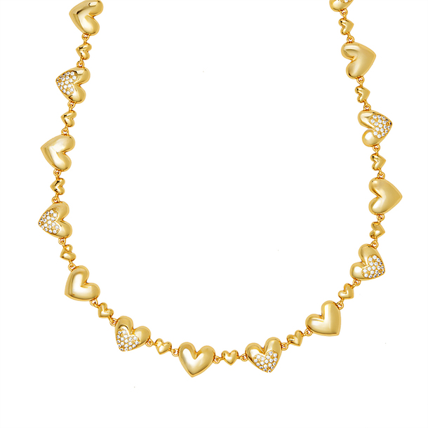 Colar Corações Cravejado de Zircônias Ouro 18k