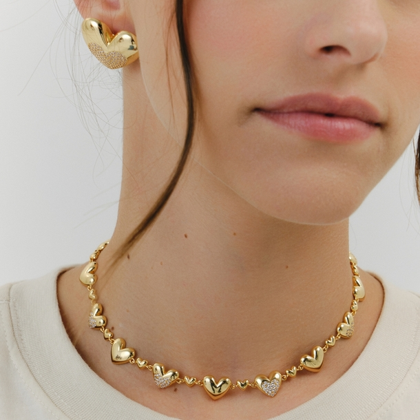Colar Corações Cravejado de Zircônias Ouro 18k