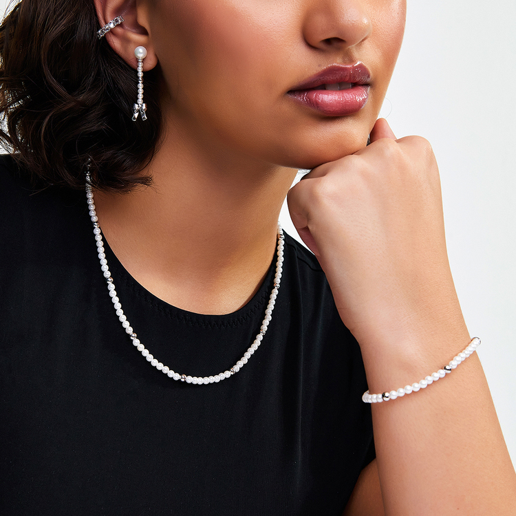 Pulseira de Pérolas Banhado a Ródio Branco
