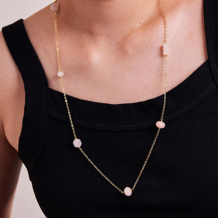COLAR LONGO QUARTZO ROSA E JADE