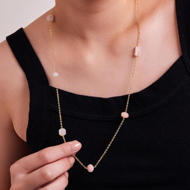 COLAR LONGO QUARTZO ROSA E JADE