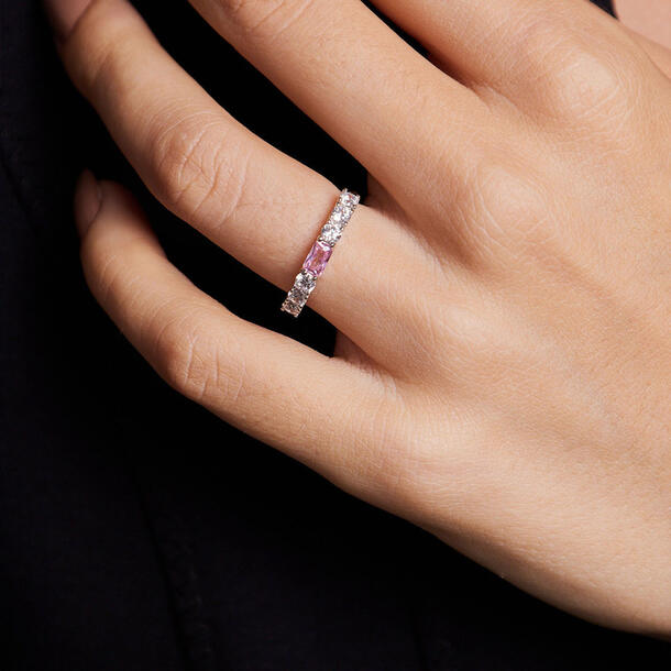 Anel Meia Aliança Baguete Prata 925 com Zircônias Rosa e Incolores