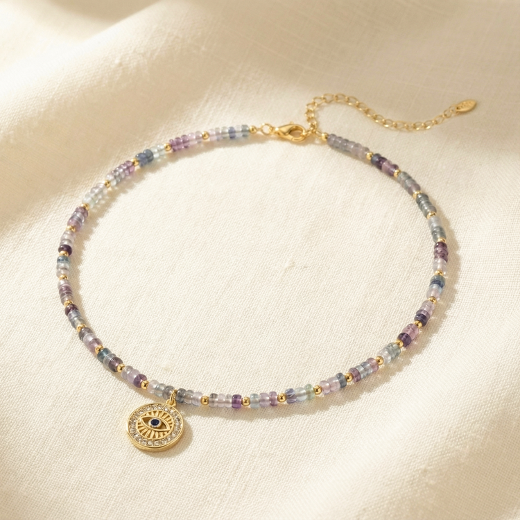 COLAR SUNSHINE FLUORITA E OLHO GREGO