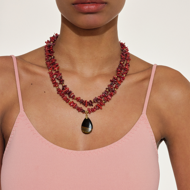COLAR SUNSHINE HOWLITA VERMELHA E OLHO DE TIGRE