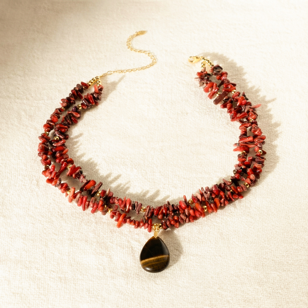 COLAR SUNSHINE HOWLITA VERMELHA E OLHO DE TIGRE